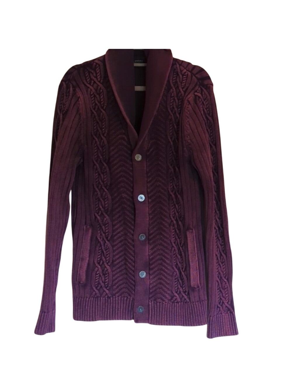 Guess Cabled Button Front Shawl Collar Distressed Purple Cardigan Women's Size M